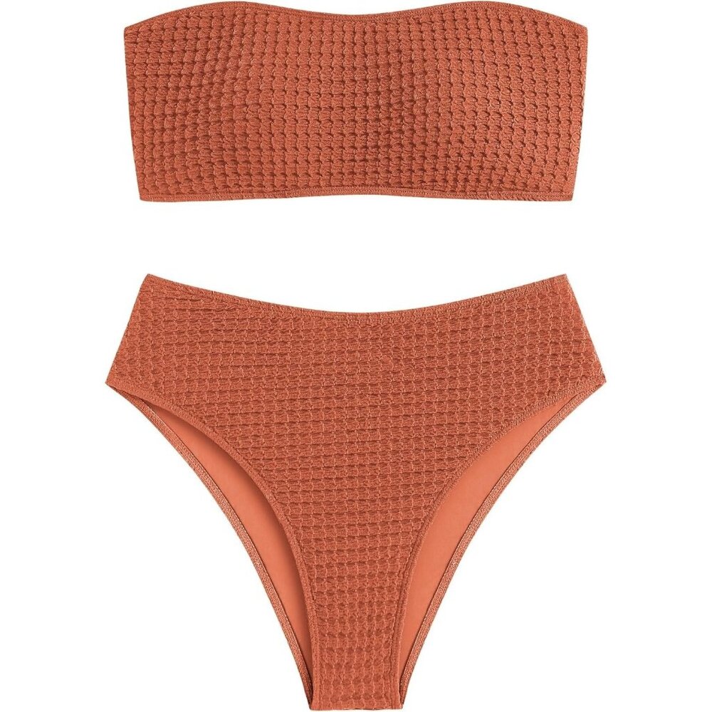 ZAFUL High Cut Bandeau Bikini Strapless Solid Textured Bathing Suit MEDIUM NWT
